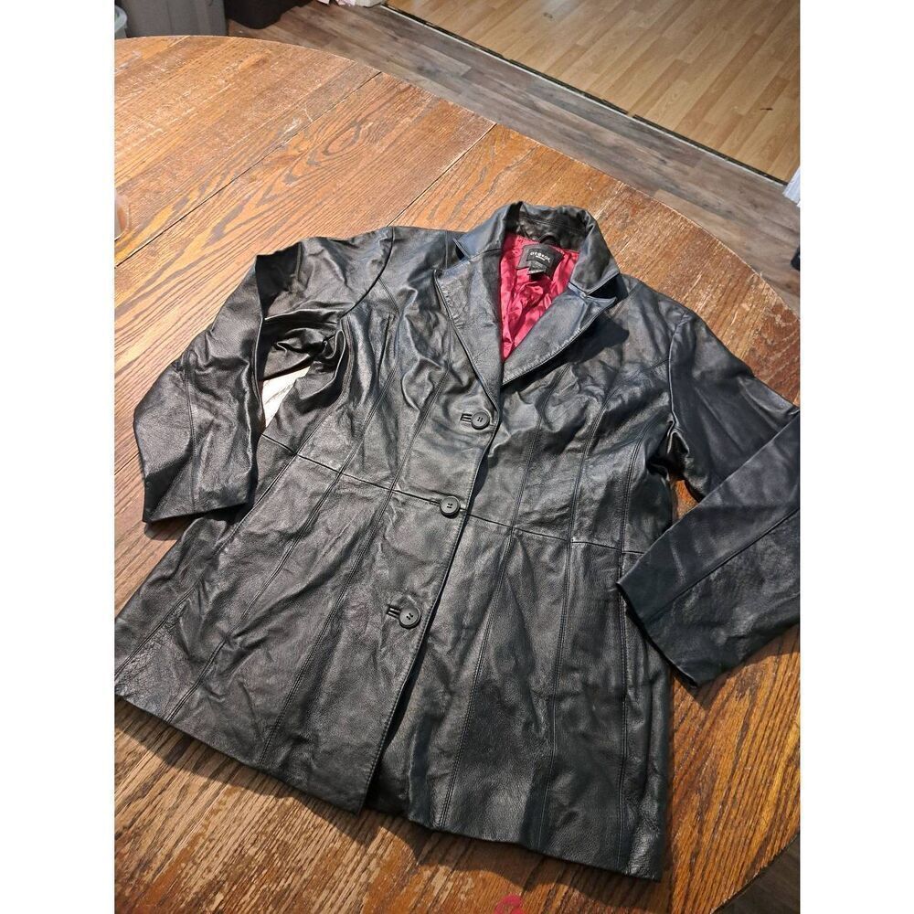 George Women’s 1X Black Leather Button Front Jacket Coat Long Sleeve Lined